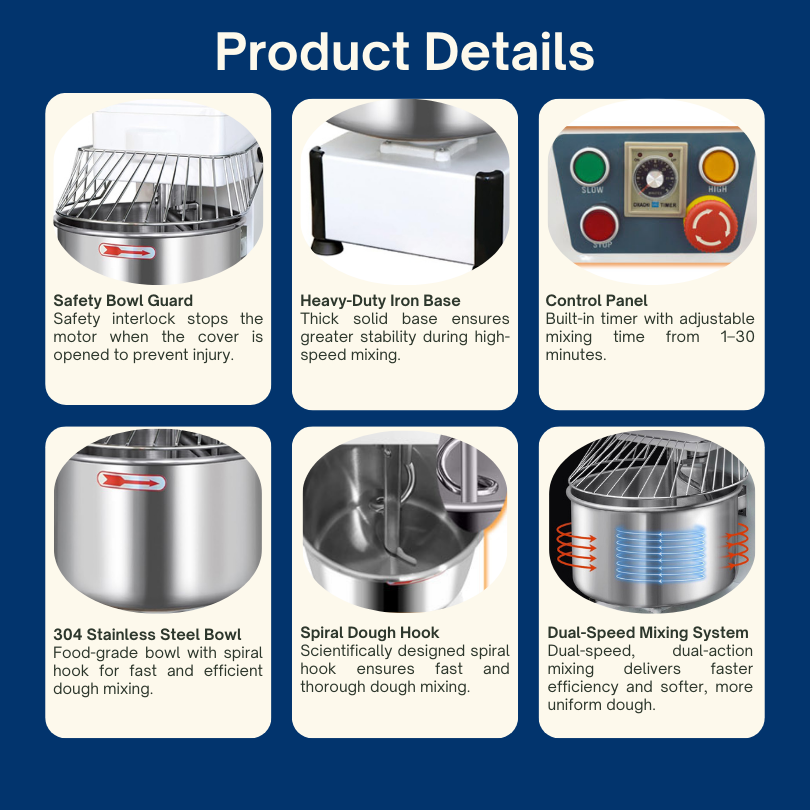 Commercial Spiral Dough Mixer Machine Stainless Steel Dough Kneader with Dual Speed & Timer for Bread, Pizza and Bakery Dough